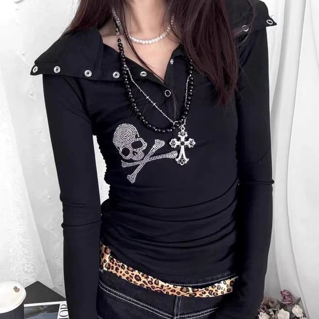 스컬 핫픽스 오프숄더 슬림 긴팔 티셔츠