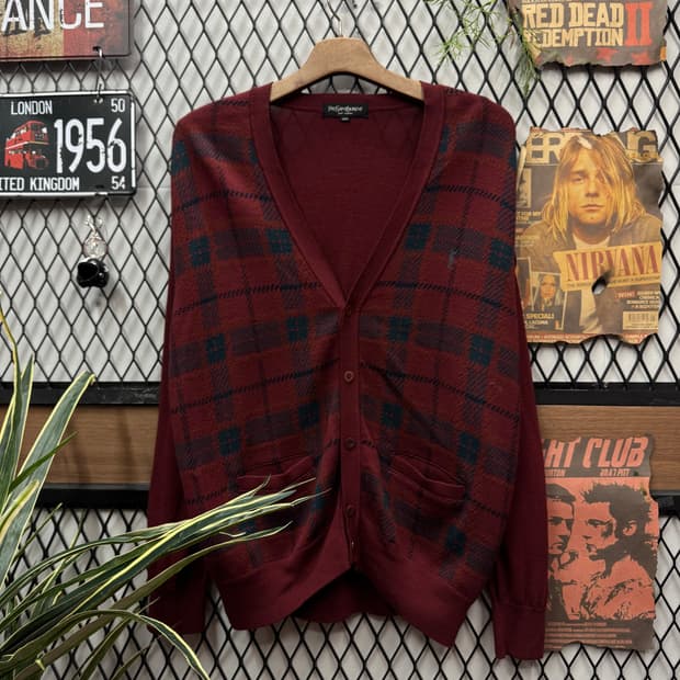 90s 입생로랑 YSL 니트 가디건 체크 패턴 포인트 버건디