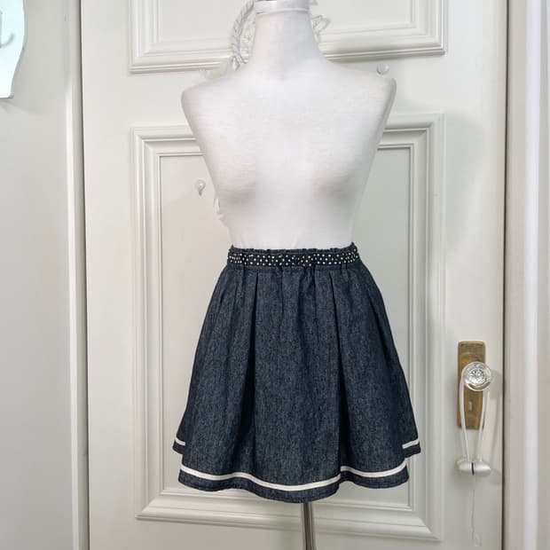 dot bow point denim banding mini skirt