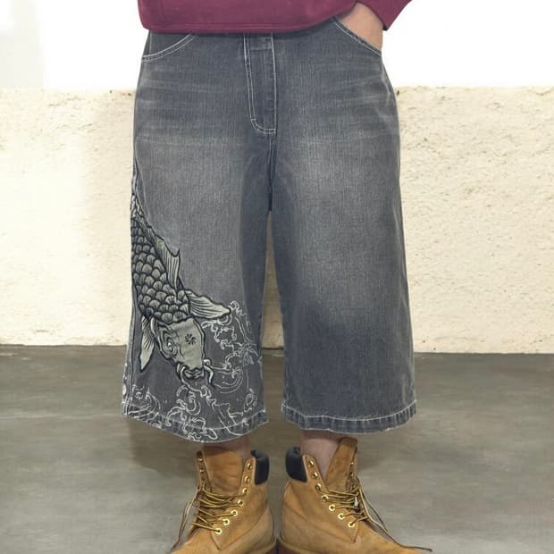 도그타운 오리엔탈 잉어 자수 버뮤다 반바지 데님팬츠