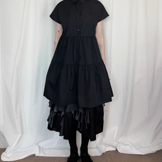 Tiered Shirring Long Shirt - Black