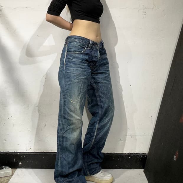 디젤 진청 레이크 워싱 와이드 데님 팬츠 청바지 