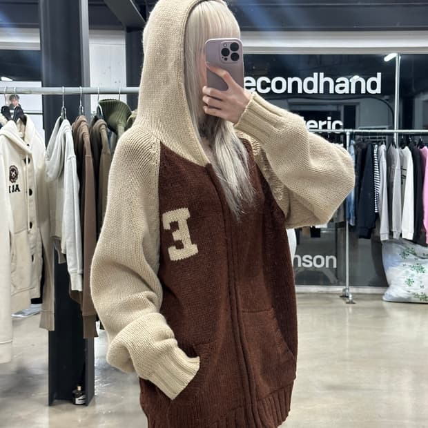 EDWIN 에드윈 89 레터링 브라운 울 니트 후드집업