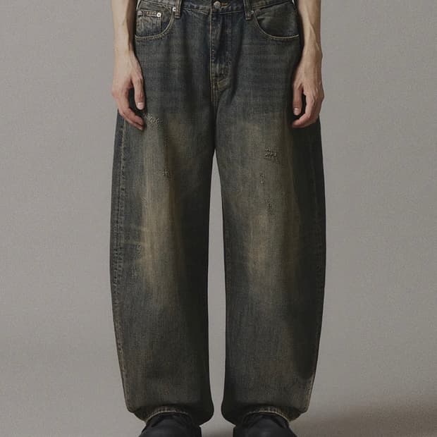 데미지 워싱 데님팬츠 (진청)