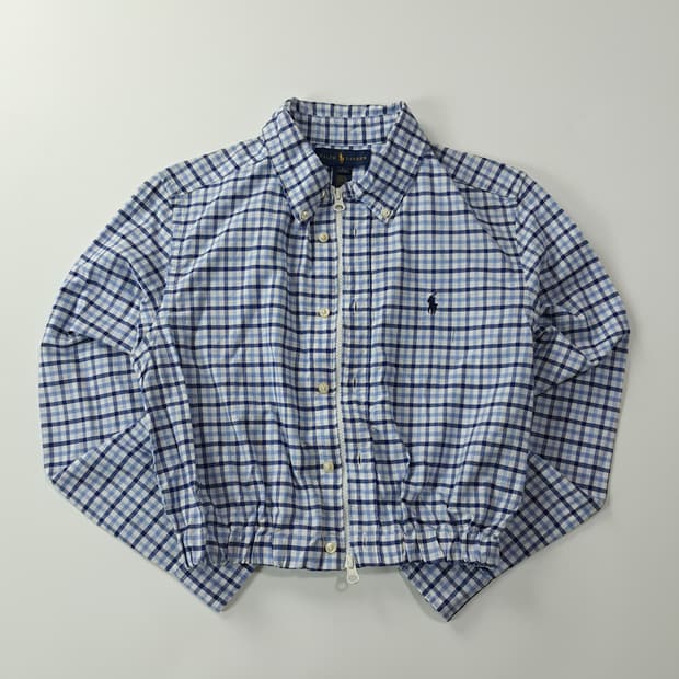 CK335 FREE 폴로 네이비 블루 깅엄체크 크롭 셔츠 자켓