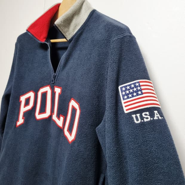 남성S 레어 폴로 성조기 빅로고 레터링 플리스 후리스 하프 집업