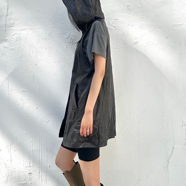 Hoody vest leather jacket / black