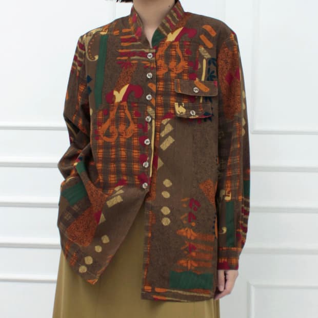 일본 빈티지 에스닉 패턴 차이나 카라 넥 블라우스