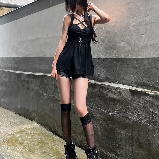 Gothic Cross Charm Peplum Sleeveless
