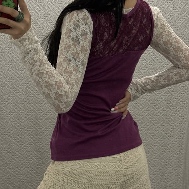 레트로 빈티지 레이스코어 오네갸루 라벤더 우베맛 나시 K0475
