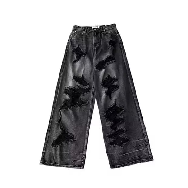 흑청 데미지 와이드 데님 팬츠m