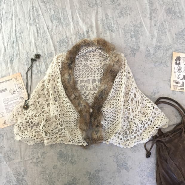 jpn vintage 사만사모스투 핸드메이드 베이지 퍼 니트 케이프 가디