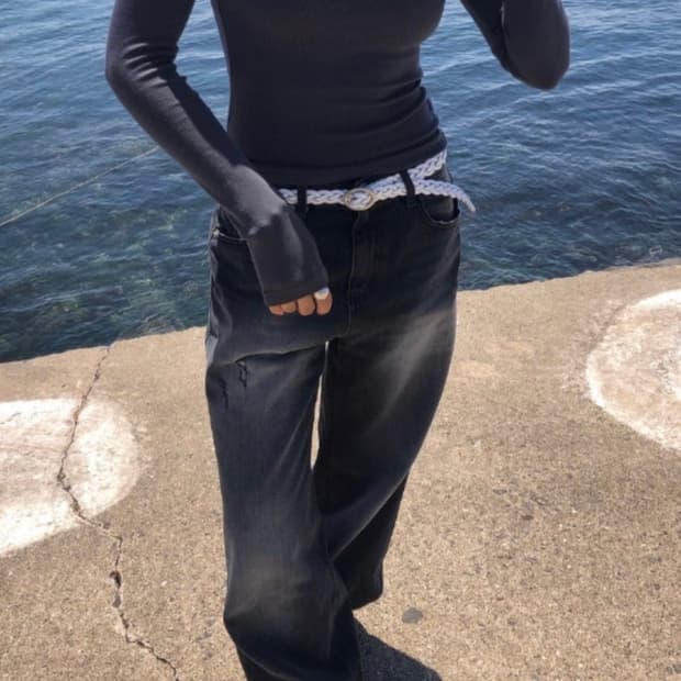 애즈온 ASON - 시그니처 와이드 데님팬츠 청바지 (블랙 블루 s)