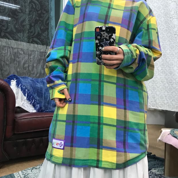 빈티지 여성 체크 핑거홀 미디원피스 