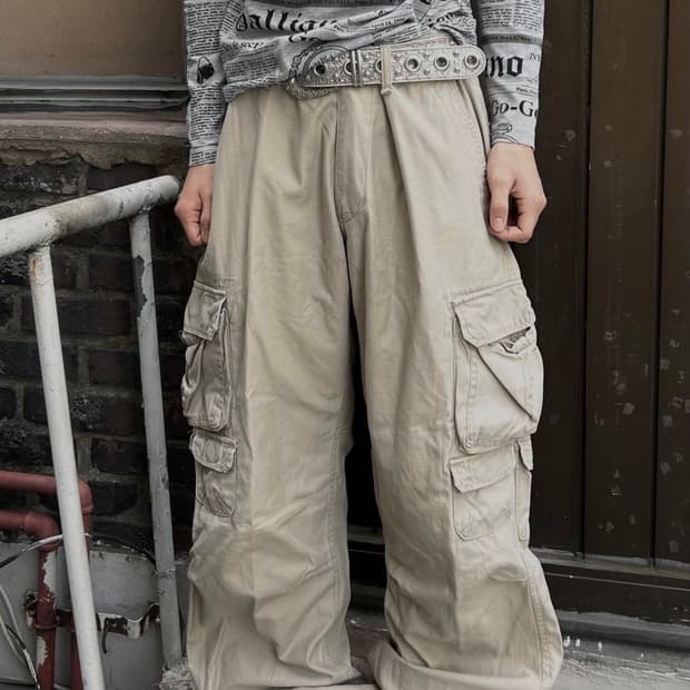 2000s vtg 멀티포켓 베이지 와이드 카고팬츠