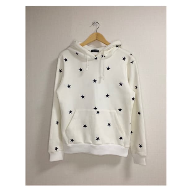 빈티지 화이트 네이비 별 무늬 자수 기모 후드티