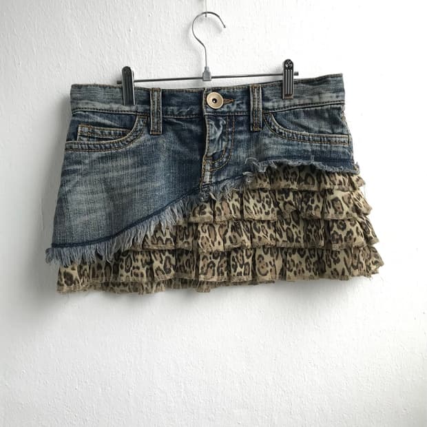 JPN Y2k Leopard Frill Denim Mini Skirt