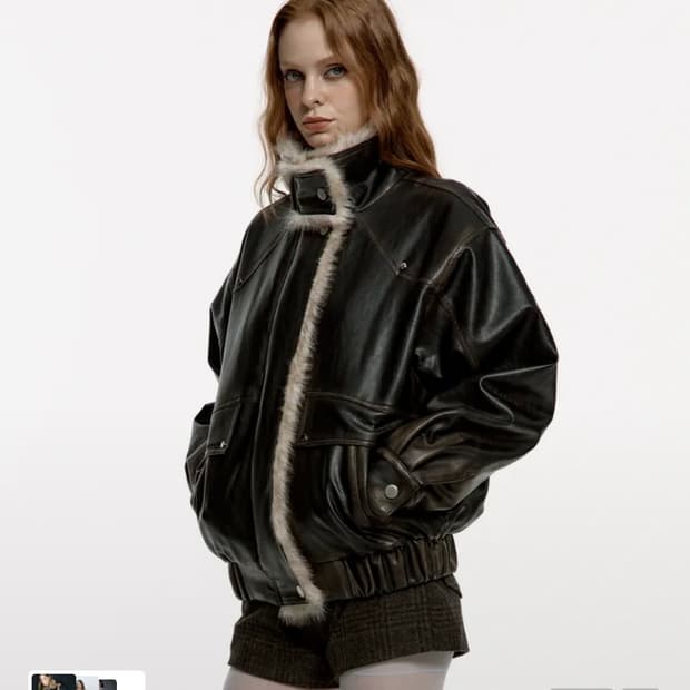 러프넥 레더 무스탕 자켓 브라운