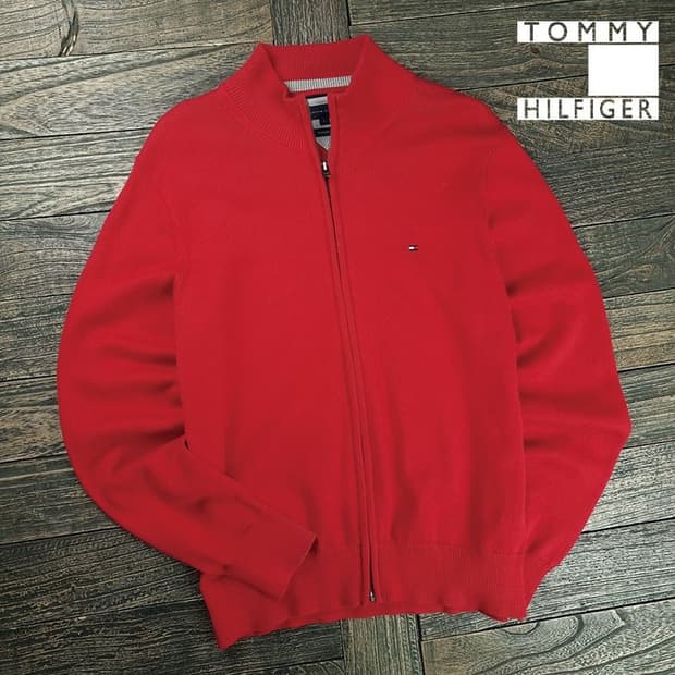 [타미힐피거] 스몰 로고 자수 니트 집업 가디건 레드 M19291