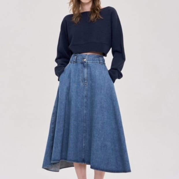 한섬 시스템 2023 언밸런스 헴 백밴딩 스커트 64-94사이즈