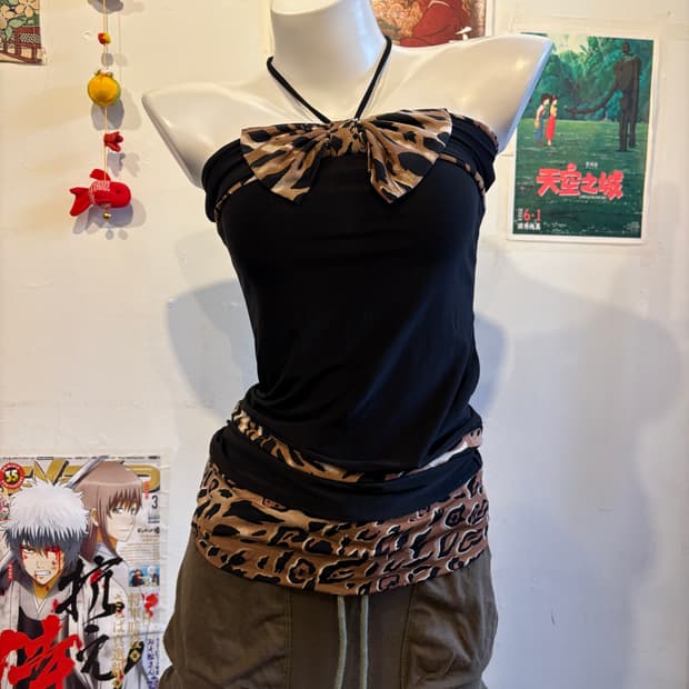 레오파드 패턴 홀터 끈 리본 원피스 튜브탑 갸루