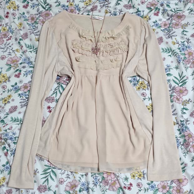 Zishen 빈티지)딸기우유 베이지핑크 공겜여주 프릴 블라우스 롱슬리브