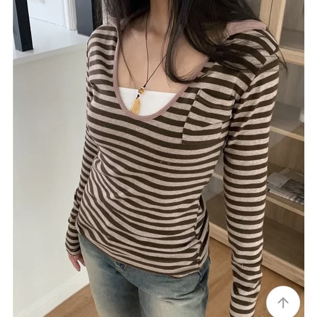 사피 빈티지 단가라 스트라이프 카라 긴팔 (브라운)