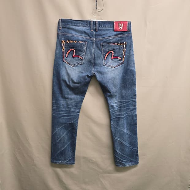 EVISU 셀비지 데님 청바지 레드 패치 갈매기 자수 36