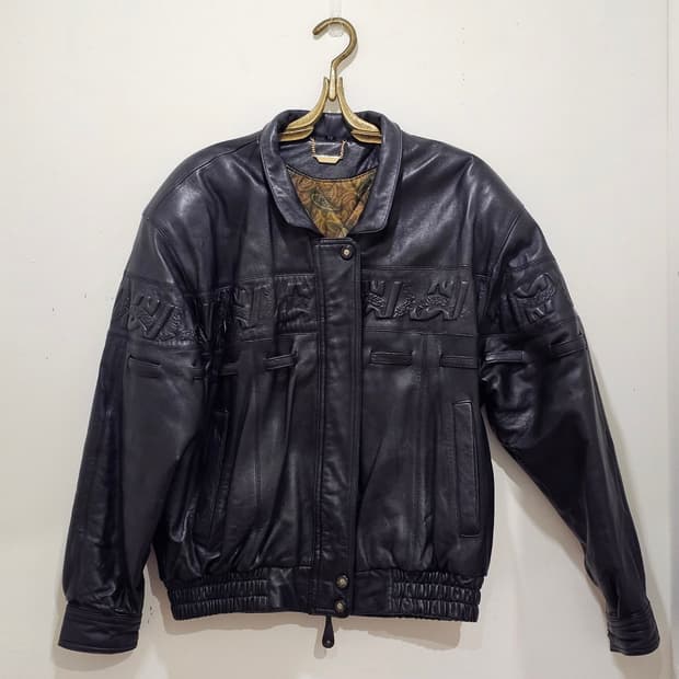80-90's Leather 블랙 램스킨 양각 봄버