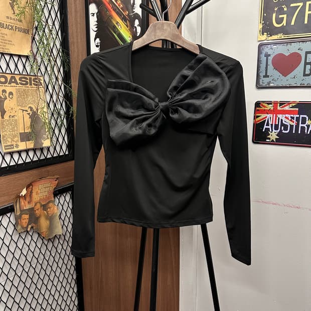 Satin Ribbon Black Long Sleeve Top