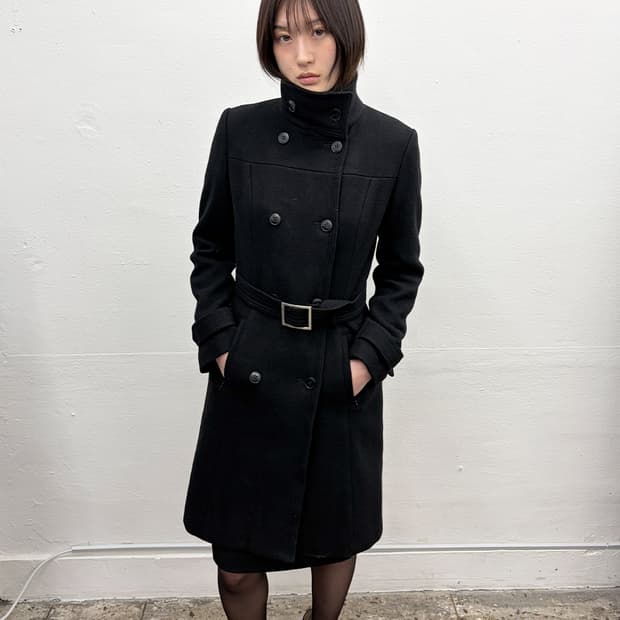 90s 프렌치 디자이너 벨티드 하이넥 더블 코트