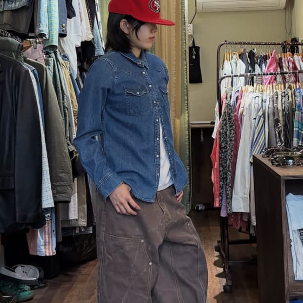 브라운 더블니 워싱 데님 팬츠