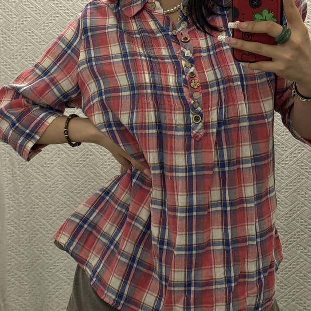 빈티지 재팬 컨트리 코지 모리 키치 나무단추 체크 셔츠 K0523