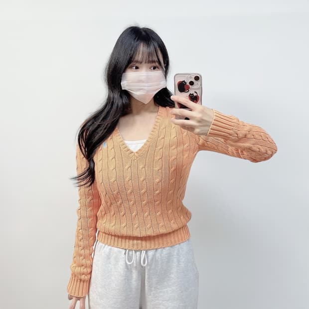 폴로 랄프로렌 포니 로고 케이블 브이넥 니트 오렌지