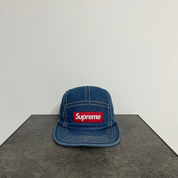 슈프림 스티치 워시드 데님 레드 박스로고 캠프캡 모자
