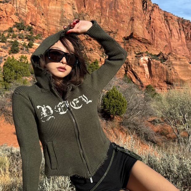 leey - RIBBED KNIT ZIP-UP HOODIE, KHAKI