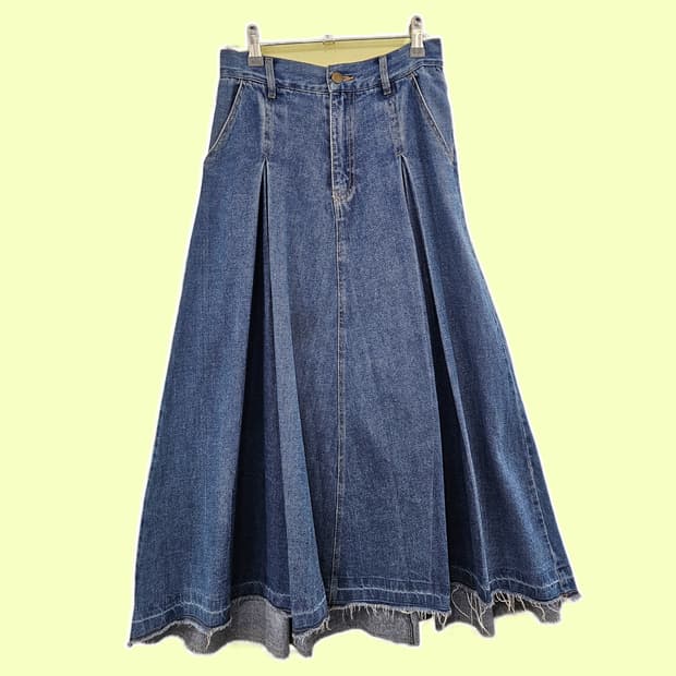 데님 핀턱 언발 롱스커트