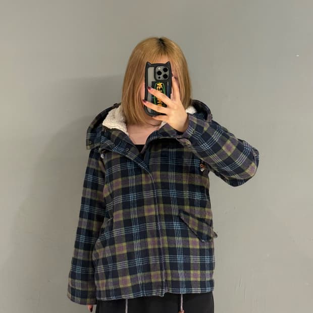 check pattern high-neck detail coat