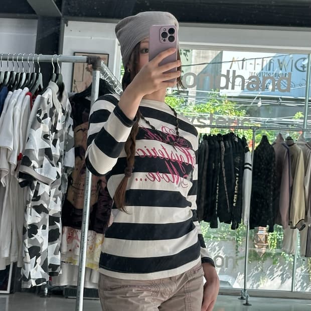히스테릭글래머 스트라이프 보트넥 프린팅 롱슬리브 긴팔티셔츠