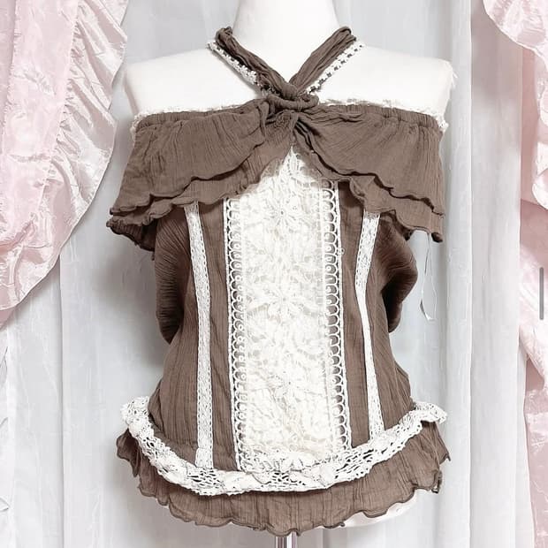 리즈리사 고전 옾숄 홀터넥 탑 라떼갸루 빈티지 핀터깔 큐롯