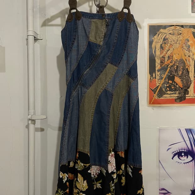 플라워 스웨이드 패치워크 데님 원피스 모리 오리엔탈