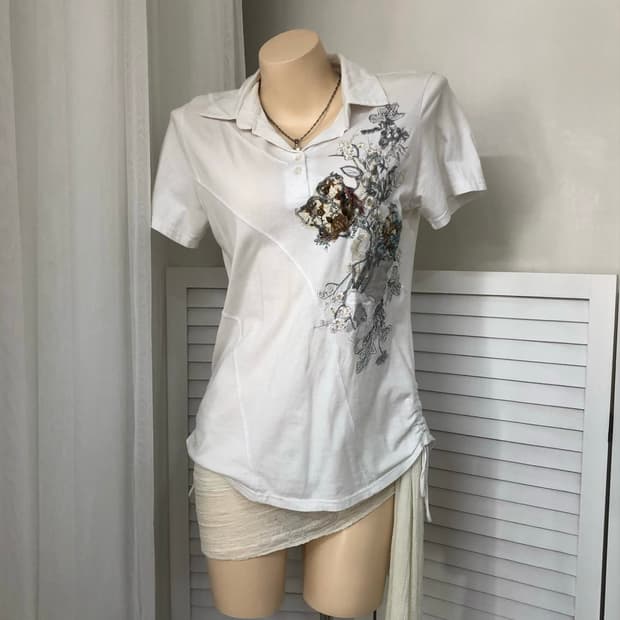 oriental embroidery shirring white t