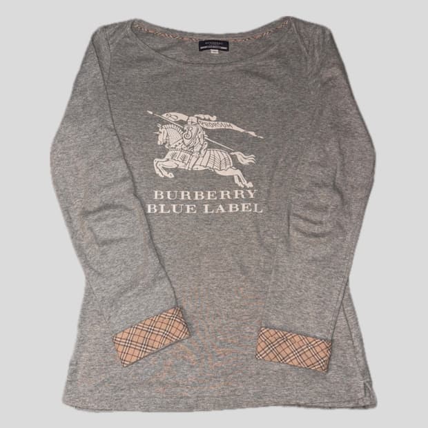 버버리 블루라벨 보트넥 롱슬리브 긴팔 그레이 체크 패턴 