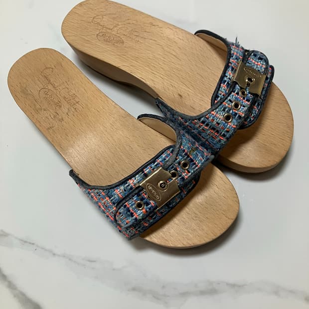 Y2K 2000s 닥터숄 우든힐 트위드 슬라이드 투명 클로그 샌들 빈티지