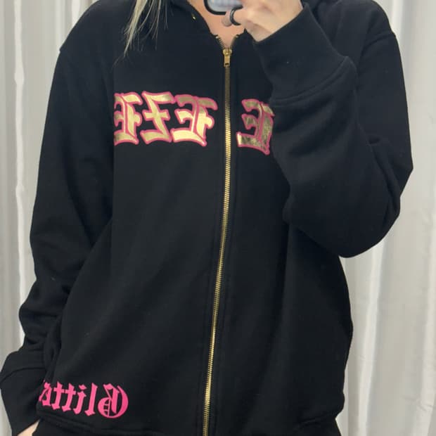 Lettering Printed Hooded Zip-Up