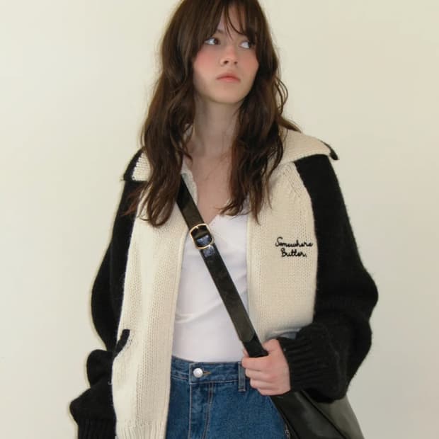 썸웨어버터 레터 알파카 니트집업 블랙