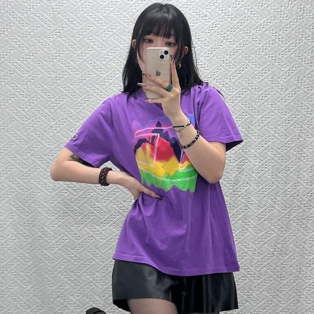 챔피온 빈티지 키치 페인팅 우베코어 라벤더 반팔티 L C11774