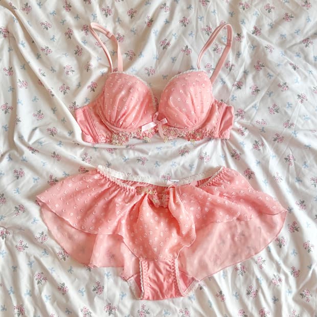 코랄 땡땡이 브라/팬티 속옷 set 70c 일브 빈티지 룸웨어 란제리