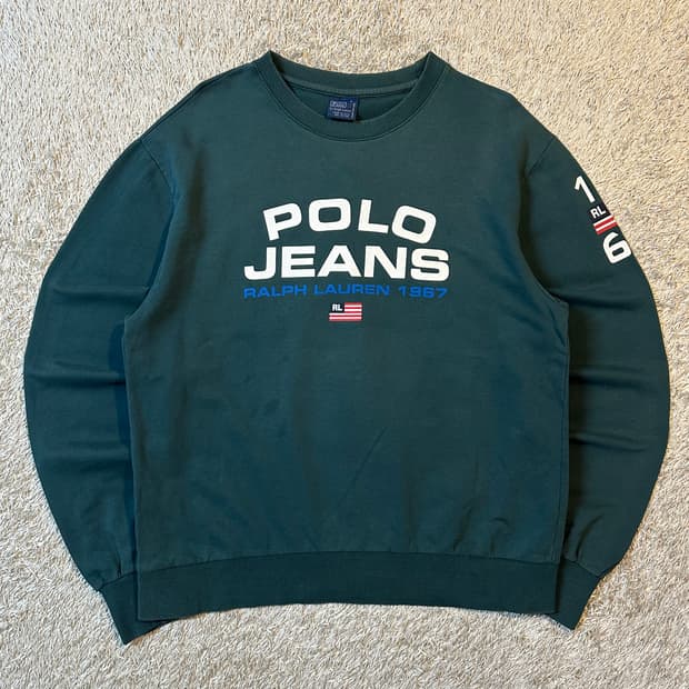 희귀) 90's 폴로 진스 성조기 로고 맨투맨 그린