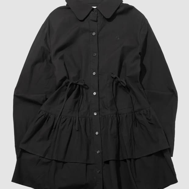 2단 프릴 스트랩 포켓 리본 포인트 라운드 카라 캉캉 레이어드 미디 셔츠